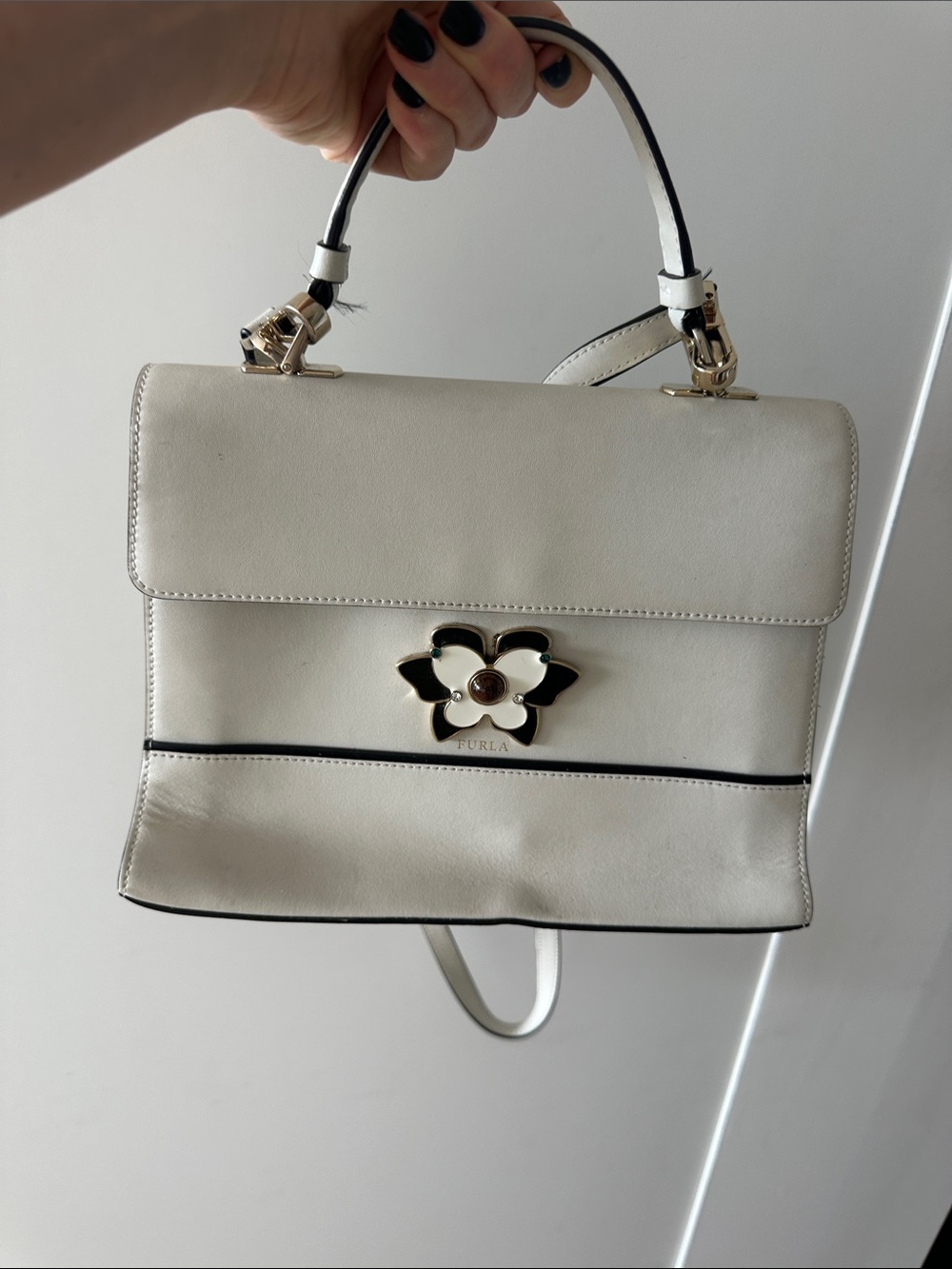 Furla Cream Leather Top-Handle Satchel with Floral Turn-Lock